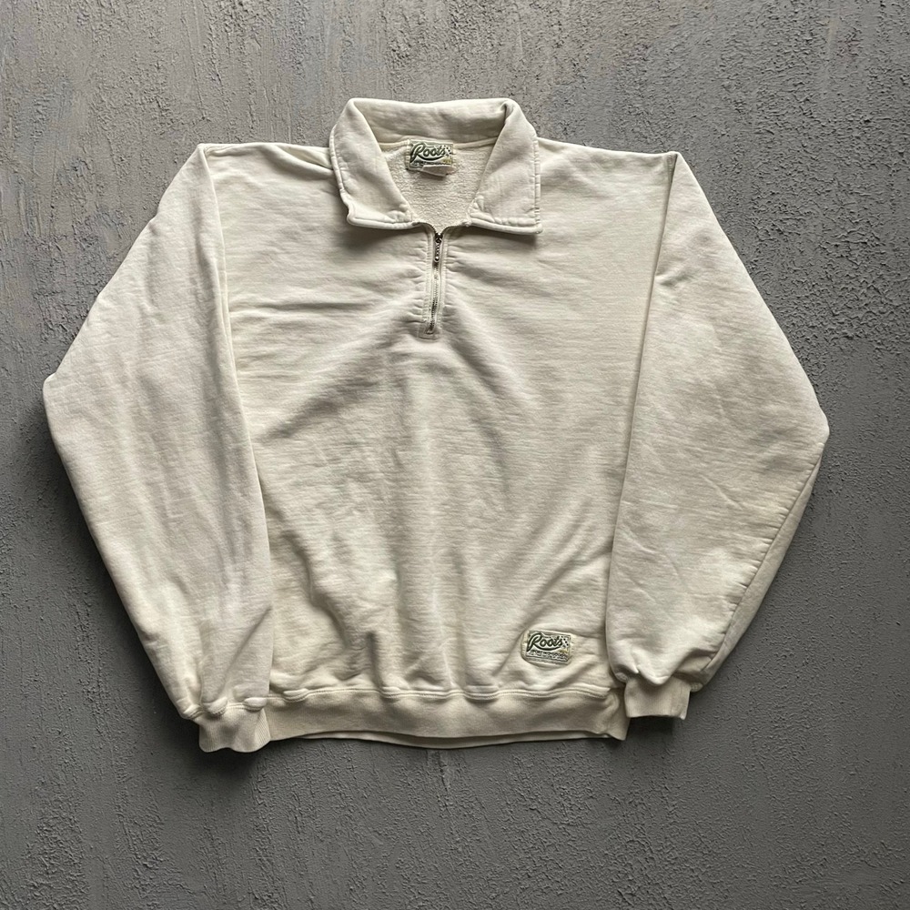 Vintage Quarter Zip Pullover Sweatshirt Mens Medium Cream 90s Roots
